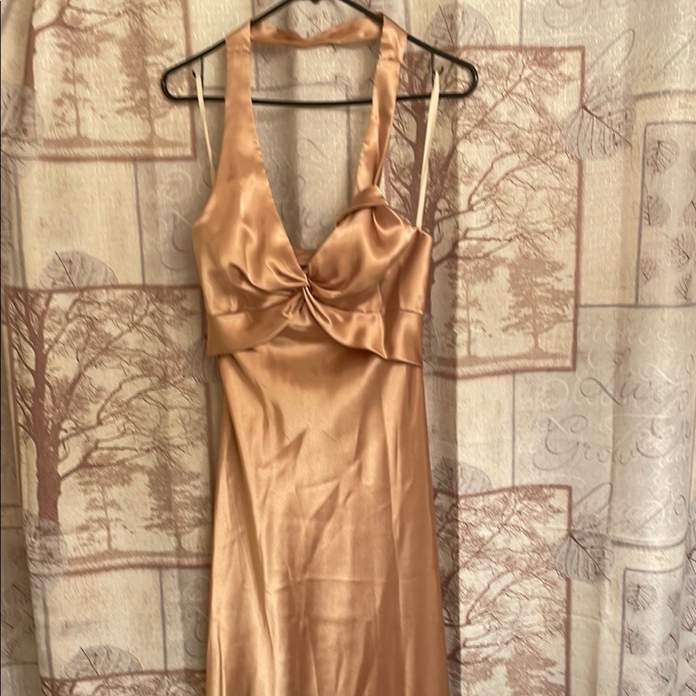Satin Halter Dress in Tan